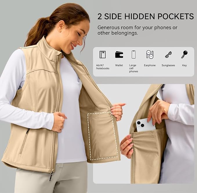 Soothfeel Women's Vest with Zipper Pocekts Lightweight Softshell Sleeveless Jacket Hiking Travel Golf Running Vest for Women