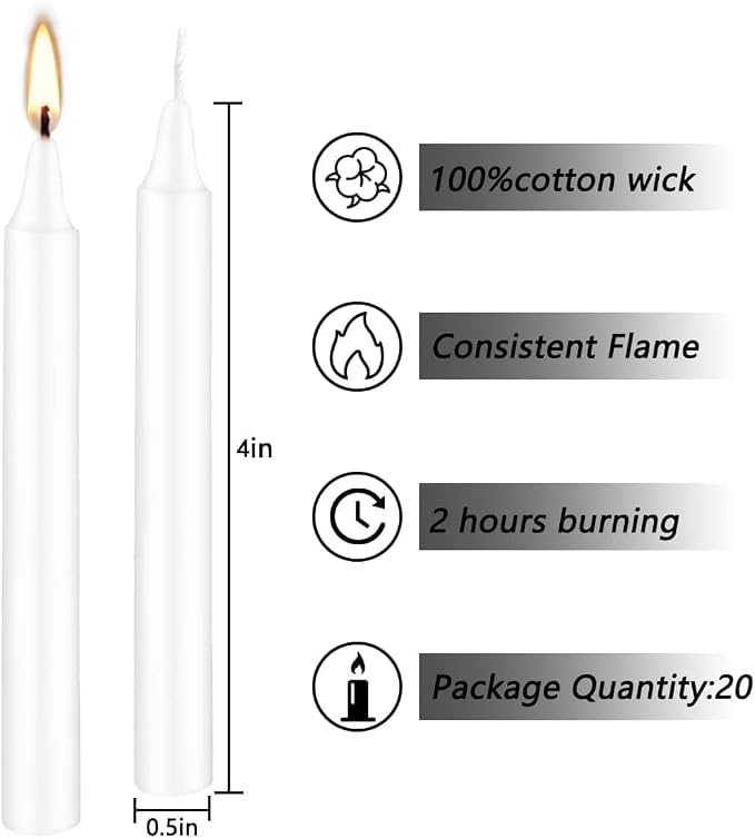 4 Inch Tall 40 White Candles Mini Unscented Taper Candles for Shabbat Candles,Household, Wedding, Rituals, Prayer, Birthdays, Meditation, Altar,Party and Home Decor Candle Sticks