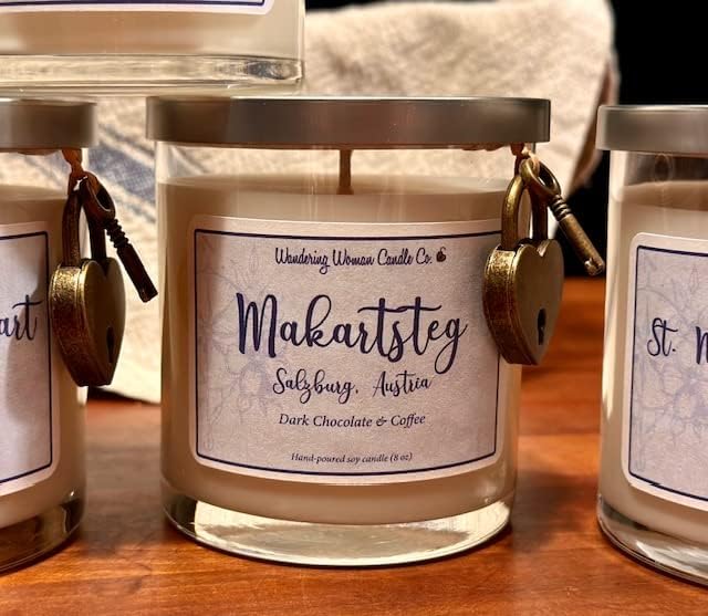 Wandering Woman Candle Company 8 oz Soy Wax Candle (Makarsteg, Austria: Dark Chocolate & Coffee)
