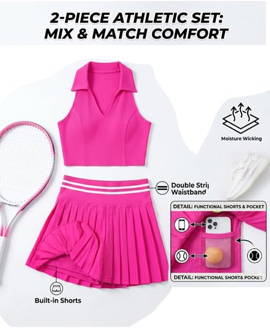 Two Piece Tennis Skirt Set for Women, Athletic Outfit with Pockets & Built-in Shorts, Moisture Wicking Golf Dress