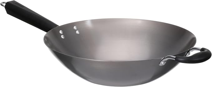 IMUSA USA Natural Wok with Triangle Handle 14-Inch, Silver | Natural Finish, Cool-Touch Wood and Helper Handle, Ideal for Stir-Frying, Perfect for Everyday Cooking