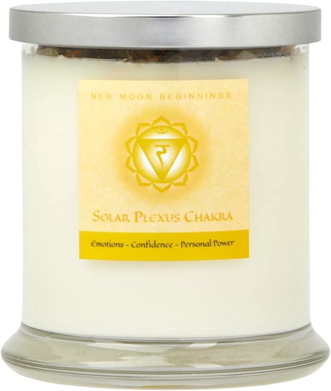Solar Plexus Chakra Candle by New Moon Beginnings - Chakra Candles - Dried Flower, Herb, & Crystal Candles - Aromatherapy Candles - Soy Candle - 12oz Glass Jar