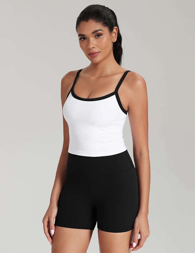 HeyNuts Vintage Color-Block Strappy Crop Tank Top for Womens, Cute Contrasting Trim Yoga Longline Sports Bras Padded A-D Cups