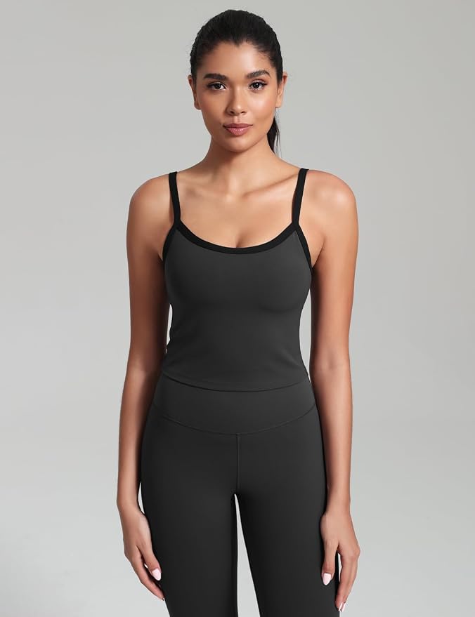 HeyNuts Vintage Color-Block Strappy Crop Tank Top for Womens, Cute Contrasting Trim Yoga Longline Sports Bras Padded A-D Cups