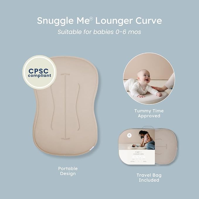 snuggle me® Baby Lounger Curve - Premium Organic Cotton with Foam Core, Machine-Washable Cover, Buttery-Soft & Breathable CSPC Compliant Infant Lounger Baby Nest Pillow with Travel Bag - Birch