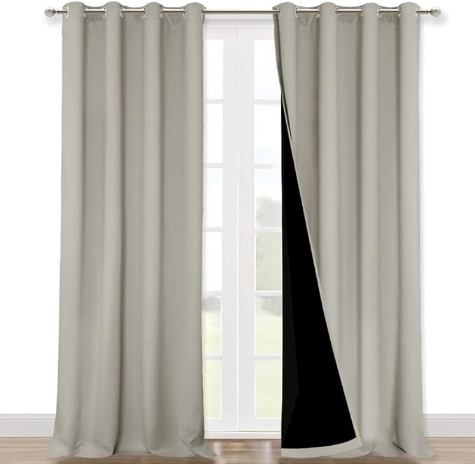 NICETOWN Natural 100% Blackout Curtains for Windows, Pack of 2, 52 inches W x 102 inches L, Super Heavy-Duty Black Lined Total Darkness Drapes for Bedroom, Privacy Assured Window Treatment for Patio