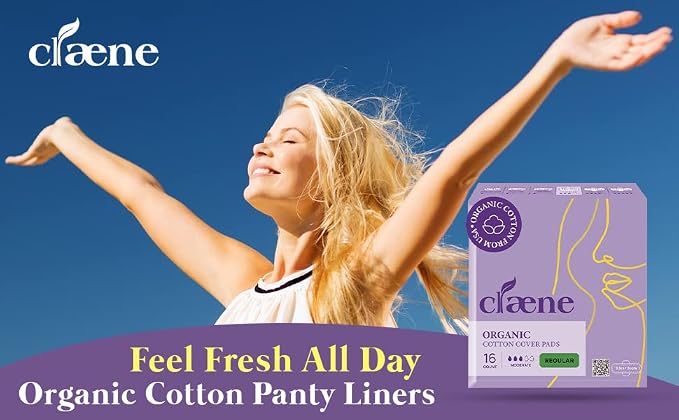 Claene Organic Cotton Cover Pads, Menstrual Regular Pads for women, Unscented, Breathable, Natural Sanitary Napkins with Wings (16Pads)