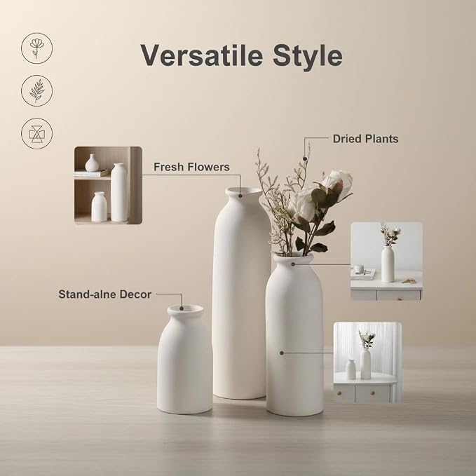 CEMABT White Ceramic vase Set-3 Flower vases for Decor,Modern Boho Farmhouse Home Decor,Decorative vase for Pampas Grass&Dried Flowers,idea Shelf,Table,Bookshelf