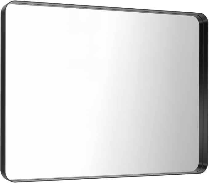 LOAAO 40X32 Inch Black Metal Framed Bathroom Mirror for Wall, Matte Black Bathroom Vanity Mirror Farmhouse, Large Rounded Rectangle Mirror, Anti-Rust, Tempered Glass, Hangs Horizontally or Vertically | Matte Black, Rounded Rectangle Mirror, Anti-Rust, ...