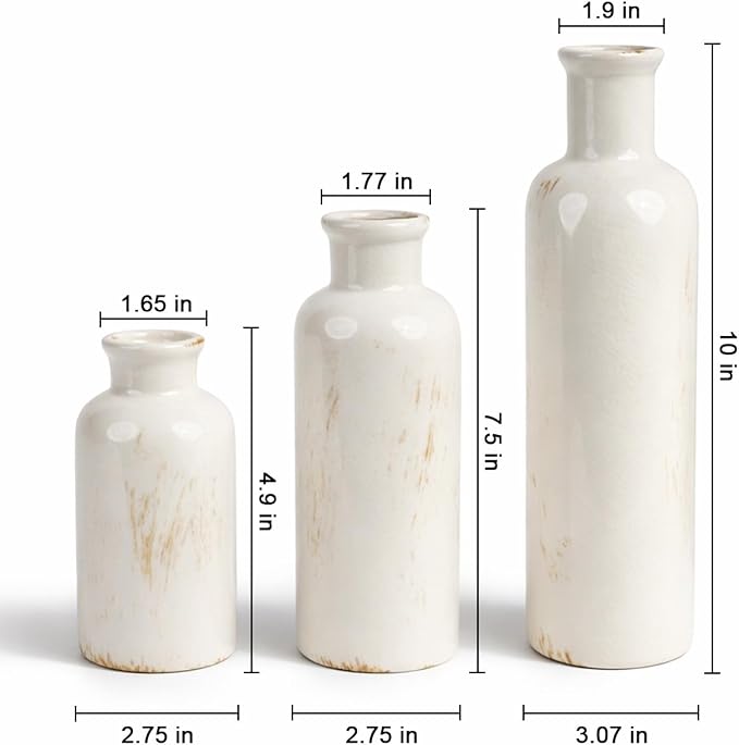 White Ceramic Vase Set of 3, Vintage Vases for Flowers and Home Decor | Distressed crackle glaze for tables, bookshelves, mantels, kitchens and offices