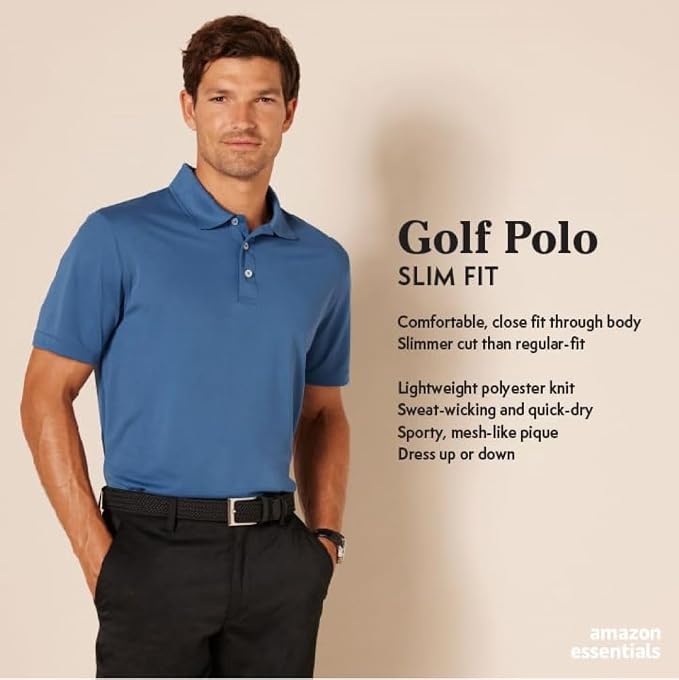 Amazon Essentials Men's Moisture Wicking Golf Polo Shirt, Short Sleeve, Slim-Fit, Quick-Dry, Active Wear