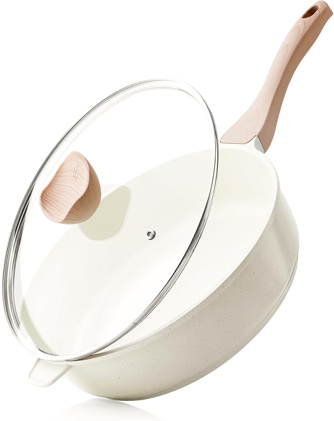 Kordisen Nonstick Ceramic Deep Frying Pan Skillet with Lid, 11 Inch, Cream | Saute Pan, Healthy Coating, Non Toxic, Induction Compatible, PFOA & PFAS Free