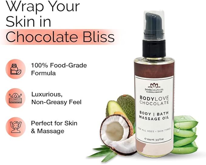 Chocolate BodyLove Massage Oil – 100% Food-Grade, Organic Hydrating Body Oil with Calendula – Non-GMO, Vegan, Gentle on Sensitive Skin – 3.5 oz