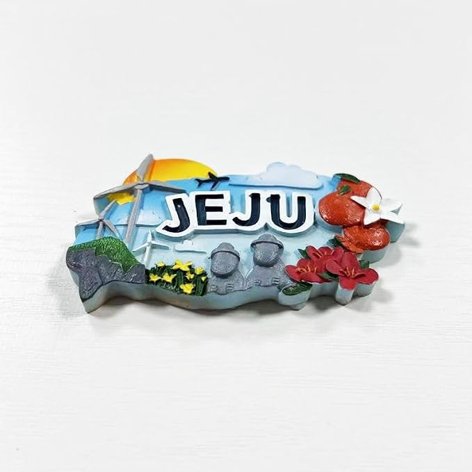 Jeju Island Korea 3D Resin Fridge Magnet, Decorative Souvenir with Windmill, Flowers, and Stone Statues, 7.7 x 5.0 cm
