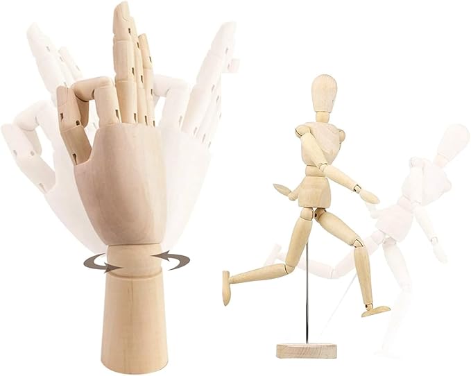 2-Pack 12" Art Drawing Hand Model,8" Artist Wooden Mannequin Figure Human People Dolls Manikin Supplies Stop Motion Figure Kit,Wooden Tools Posable Figure for Drawing,Painting,Sketching