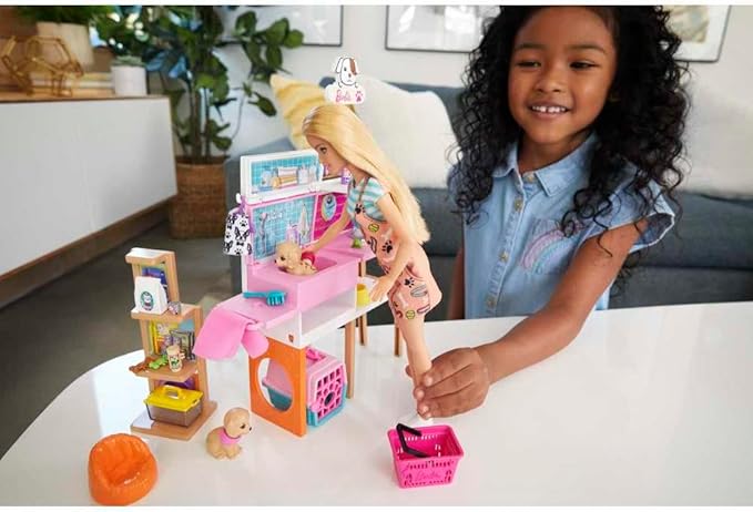 Barbie Doll (11.5-in Blonde) and Pet Boutique Playset with 4 Pets, Color-Change Grooming Feature and Accessories, Great Gift for 3 to 7 Year Olds