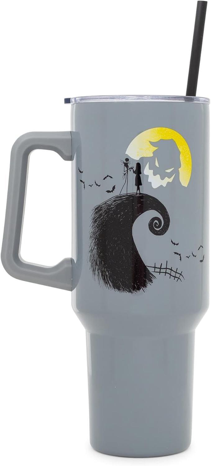 Silver Buffalo Disney Nightmare Before Christmas Featuring Oogie Boogie, Jack Skellington, and Sally Double Walled Stainless Steel Tumbler with Handle and Straw, Fits in Standard Cup Holder, 40 Ounces