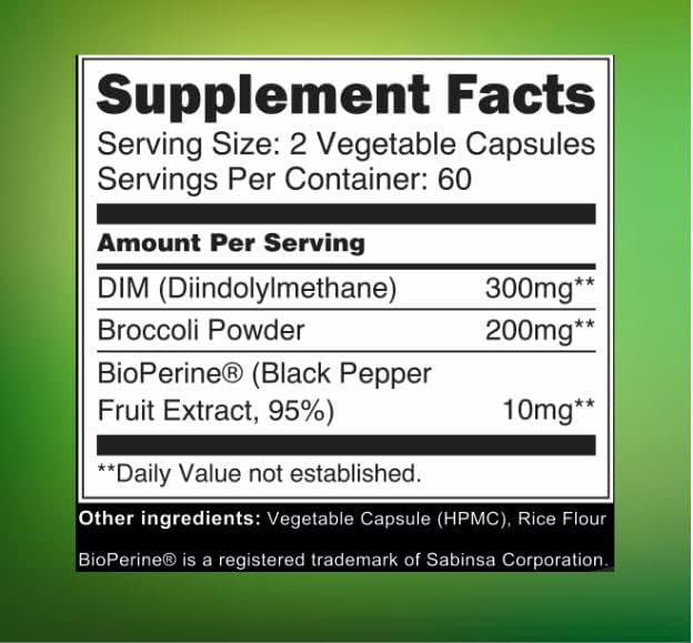 DIM Supplement 300mg with Broccoli 200mg BioPerine 10mg-Hormone and Estrogen Balance for Women & Men,Menopause Relief,PMS Support,Hormonal Acne Treatment-120 Caps,Diindolylmethane 150mg per Cap