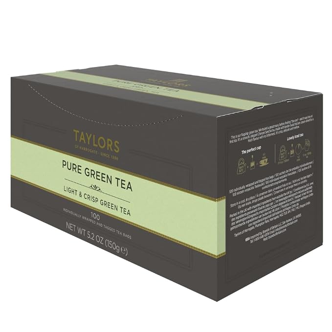 Taylors of Harrogate Pure Green Tea, Individually Wrapped Bags, 100 Count (Pack of 1), Delicate, Mellow and Crisp, Caffeinated, Enjoy Hot or Iced, 100 Teabags