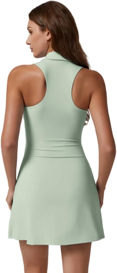 QINSEN Womens Zip Front Tennis Dress Polo Collar Racer Back Workout Golf Dresses Build in Shorts with Pockets