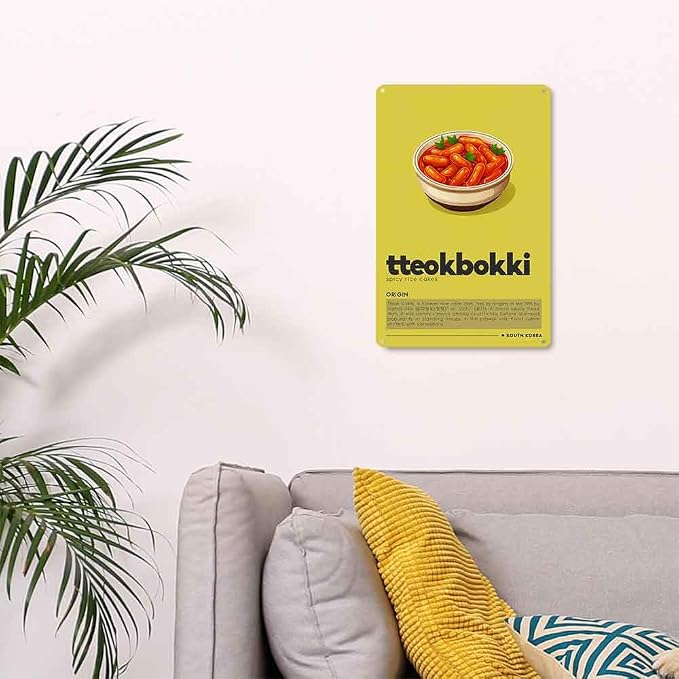 Aluminum Metal Wall Decor Sign Korean Tteokbokki Spicy Rice Cakes Print Art Sign 8X12 Inch For Home Living Room Kitchen Restaurant Dining Room Bar Cafe