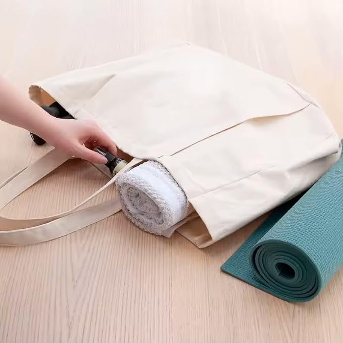 Yoga Canvas Tote Bag, Large Capacity, Sturdy Multifunctional, Shoulder Bag with Mat Carrier, Pockets