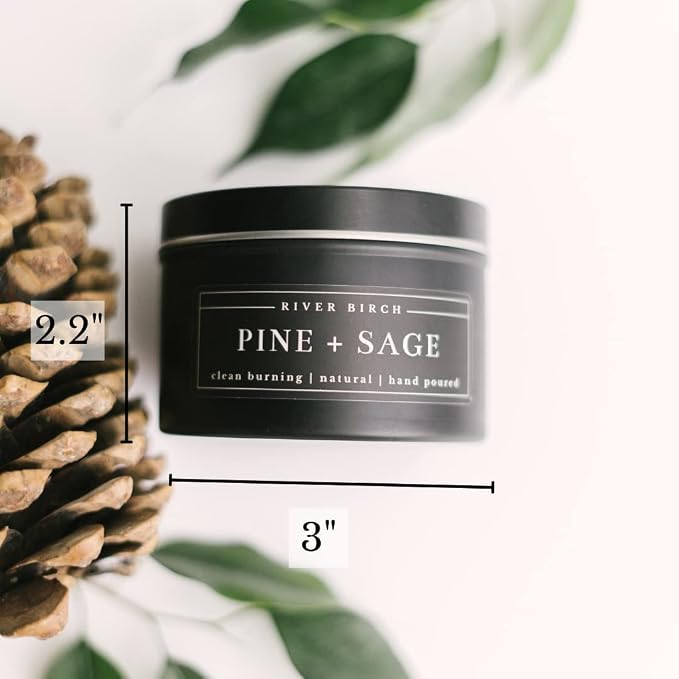 River Birch Candles Pine + Sage Scented Candle | Premium, All-Natural, Non-Toxic, Soy Candles | 8 oz. Black Matte Tin Travel Candle | Cozy Relaxing Gifts for Home
