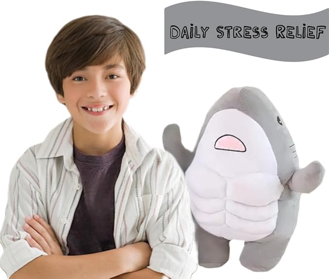 Muscle Shark Stuffed Animal - Cute 3D Muscle Shark Pillow Plush Toy，Gifts for Kids - 13.8inches（Grey）