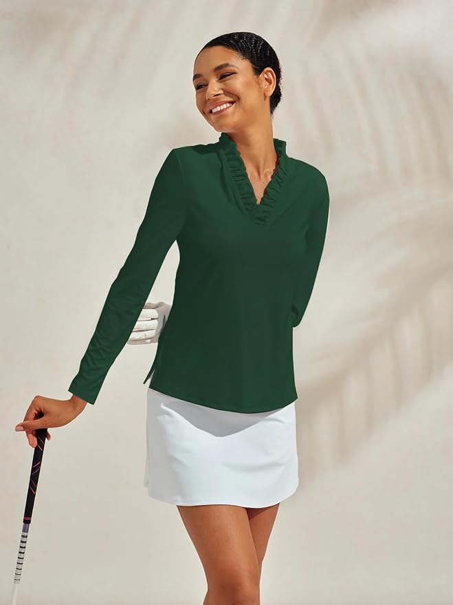 ACEGOLFS Womens Golf Polo Shirts Casual Ruffle V Neck Long Sleeve Tops for Women UPF 50+ Rash Guard Ladies Pullover Shirt
