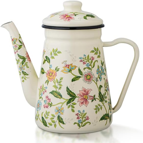 Enamel Tea Kettle – 1.2L Stovetop Teapot with Vintage Floral Pattern, Kettle for Stove, Ideal Small Tea Kettle for Gas & Induction Cooktops