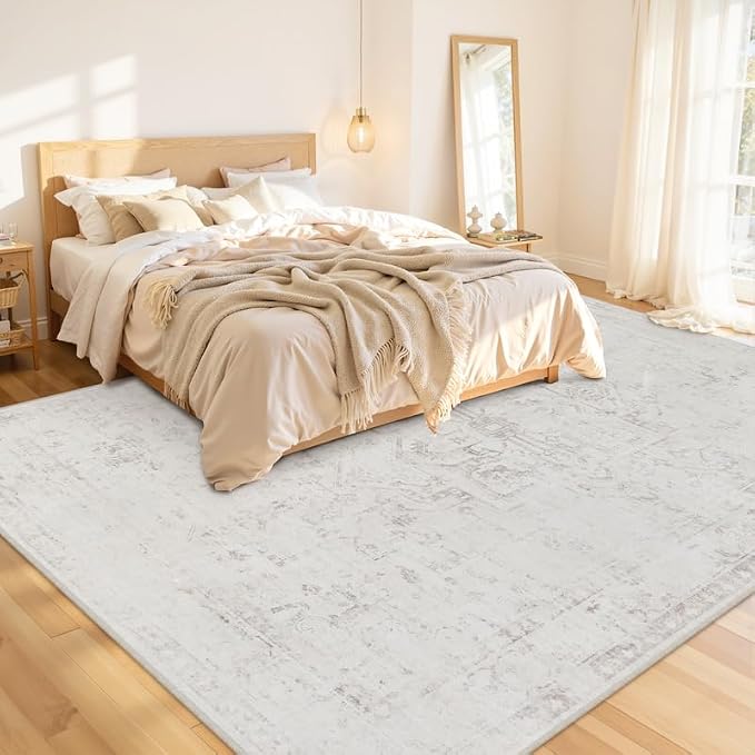 Area Rugs 9x12 Living Room: Vintage Boho Neutral Washable Rug Indoor Soft Large Area Rug Carpet for Bedroom Nursery Farmhouse Dining Room Office Floor Non-Slip Low Pile Under Table Neutral Cream