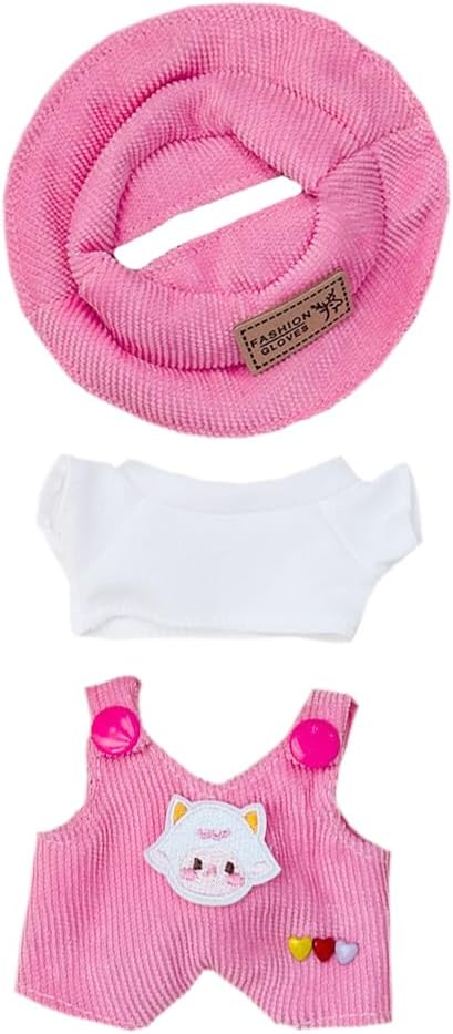 niannyyhouse 17cm Doll Clothes Hat White T-Shirt Animal Print Overalls 15cm Plush Doll Dressup (Pink-2)
