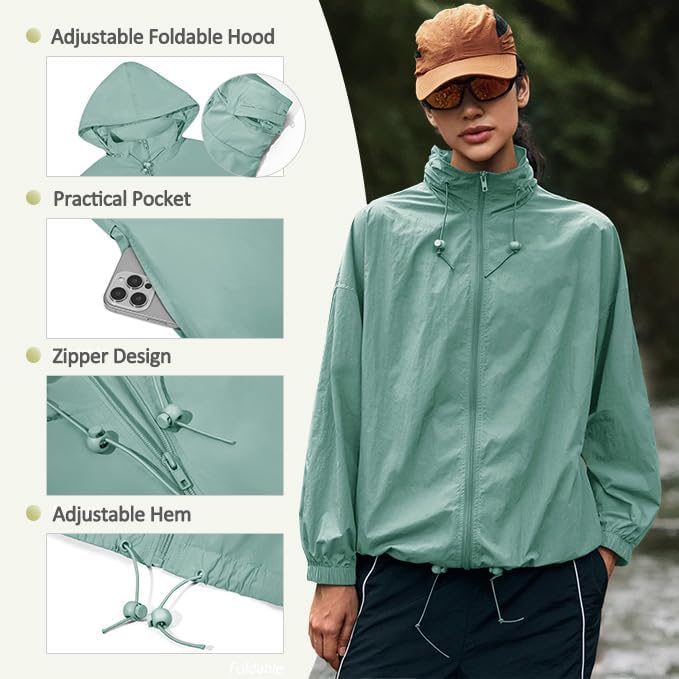 Yousify Womens Waterproof Rain Jackets Lightweight Zip Up Raincoat Outdoor Hiking Hooded Windbreaker with Pocket