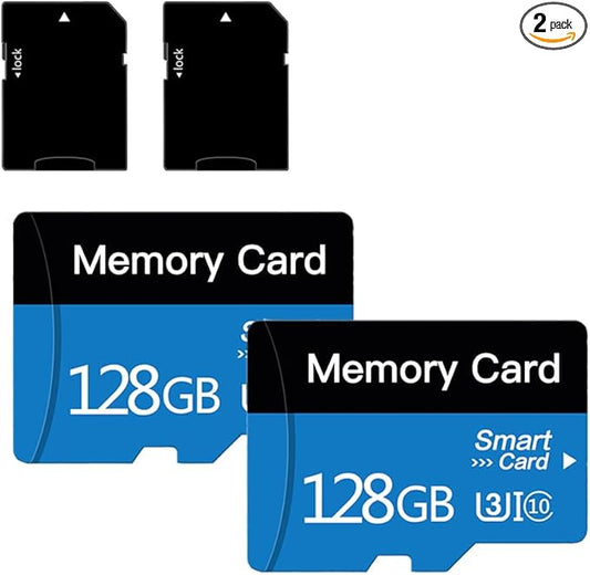 2 Pack 128 GB Micro Memory Card with Adapter, TF Memory Card Class 10, Mini Memory sd Card for Camera/Smartphone/Tablet/Drone (Blue 128GB*2)