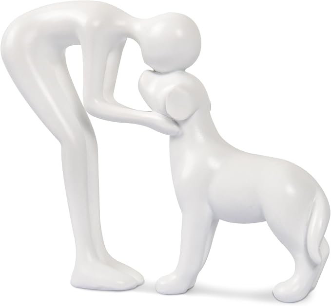 Abstract Person and Dog Sculpture Head-to-Head Figurine White | abstract sculpture celebrating the bond between person and pet. Intimate head-to-head Touching memory keepsake for dog lovers