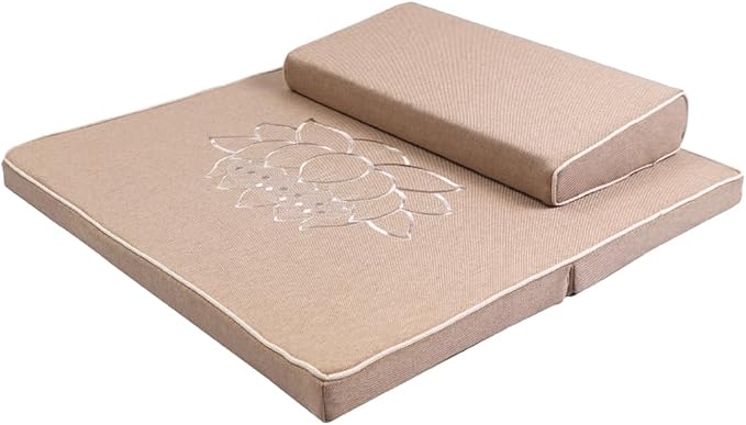 Portable Foldable Meditation Cushion Mat Set with Washable Cotton Linen Cover, Larger Thick Yoga Mat Bolster Floor Pillows Seating for Adults Meditation Accessories Beige1-60cm