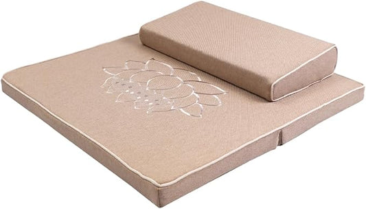Portable Foldable Meditation Cushion Mat Set with Washable Cotton Linen Cover, Larger Thick Yoga Mat Bolster Floor Pillows Seating for Adults Meditation Accessories Beige1-60cm