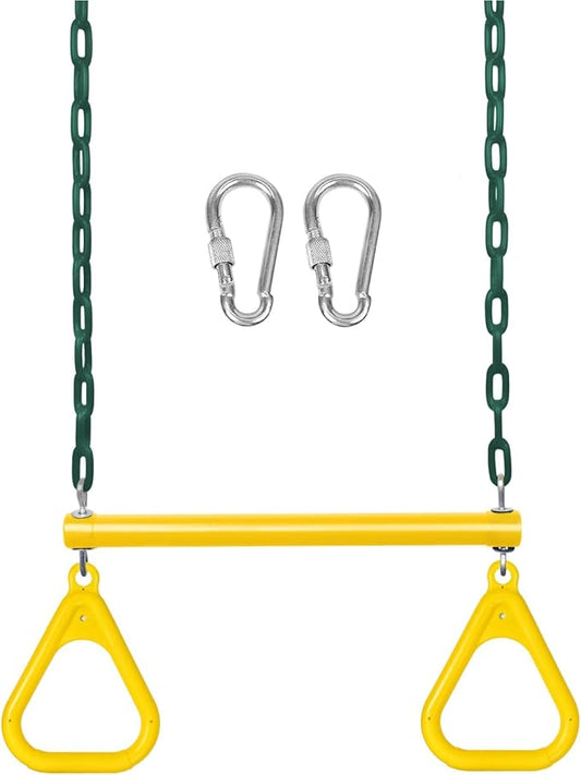LadyRosian 17" Gym Trapeze Swing Bar Rings 47" Heavy Duty Chain Swing Set Accessories with Locking Carabiners Plastic Coated Chains Monkey Bars for Backyard, Playroom (Yellow)