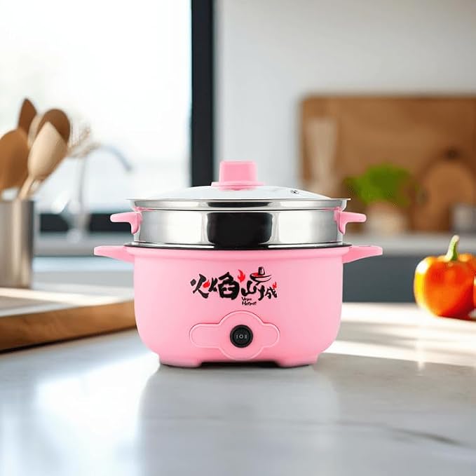 VEGAS Electric HOT POT Multifunction Steam & Cooking Ramen Pot with Automatic Keep Warm Mode Nonstick Inner Pot & Full-View Glass Lid &Stainless steel steamer basket Color Shipped Randomly(9 inch)