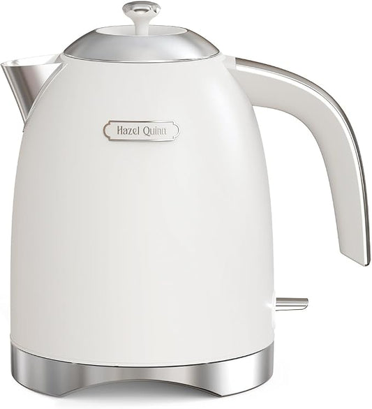 Hazel Quinn Electric Kettle - 1.7 Liters (57oz) Stainless Steel Water Kettle, BPA-Free Interior, 1200W Fast Boiling, Cordless, Rotational Base, Automatic Shut Off & One-Touch LED - Pearl White