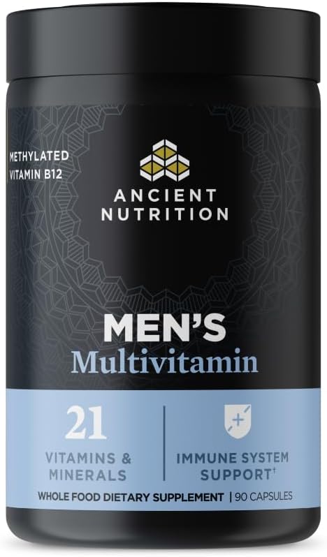 Ancient Nutrition Multivitamin for Men, Multi Men's, Methylated Vitamin D, C, E, B12, Zinc, Magnesium, Supports Healthy Immune System and Bone Health, 90 Ct