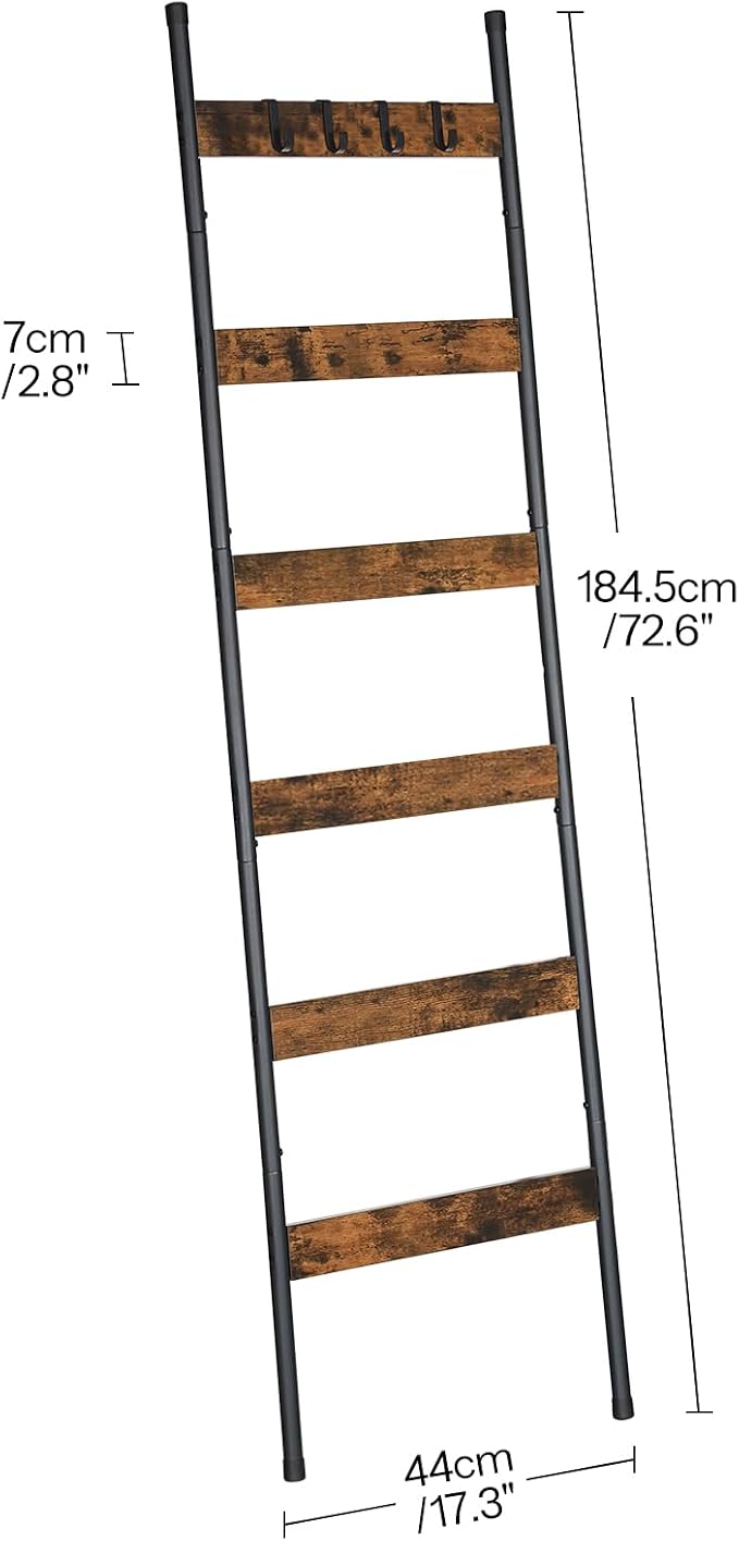 HOOBRO Blanket Ladder, 6-Tier Towel Rack with Hooks, Wall-Leaning Blanket Rack, Decorative Display Ladder Shelf, Scarves, Industrial, Living Room, Bedroom, Rustic Brown and Black BF66CJ01