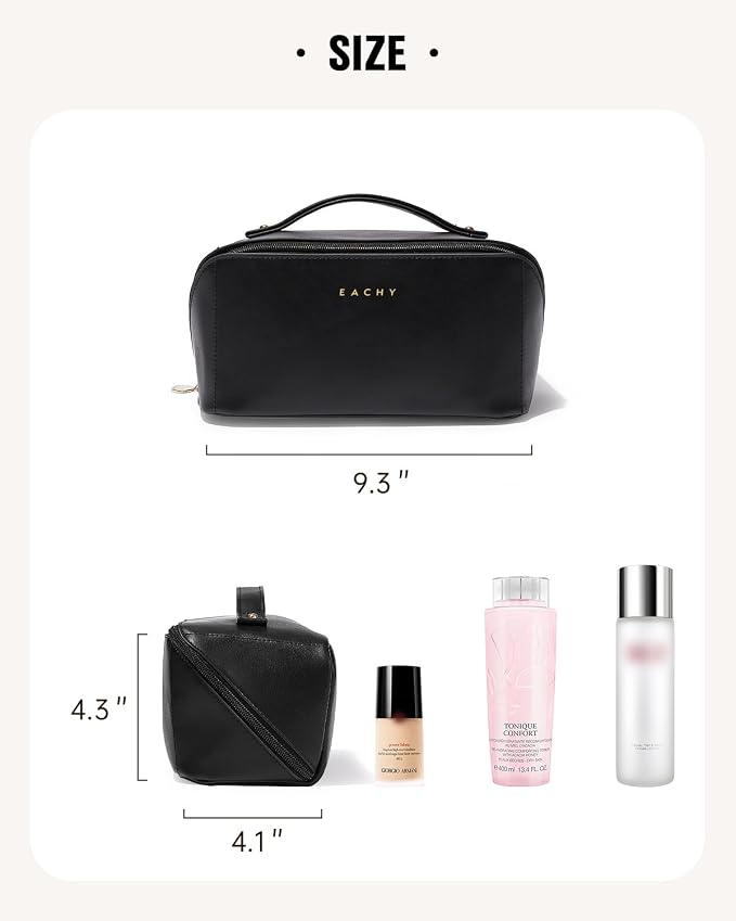 EACHY Travel Makeup Bag, Large Capacity Cosmetic Bag for Women, Waterproof PU Leather, Flat Open Portable Toiletry Bag for Skincare, Brushes & Travel Essentials