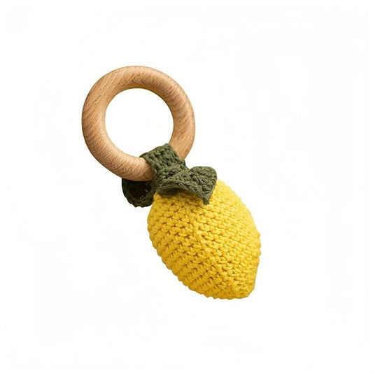 Wooden Baby Rattle Toys Stuffed Crochet Rattle with Teether Ring for Newborn Babies Fruit Wooden Teether Toy Infant Toddler Handcrafted Crochet Rattles Cute Shower Gifts for Boy and Girls
