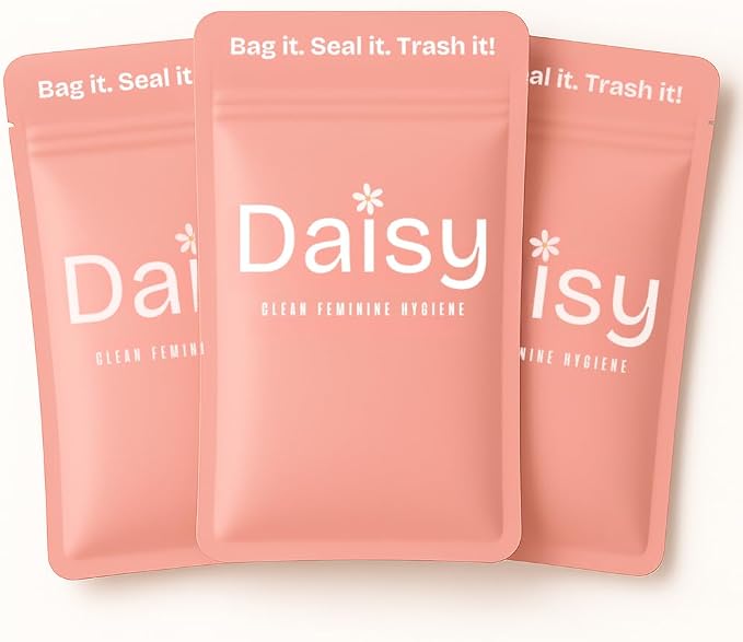 Odor-Proof Sanitary Trash Bags for Tampons, Pads, Discs, Panty Liners & Feminine Wipes | The Daisy Pouch +Plus Discreet Disposal Bags for Home, Work, School & Travel