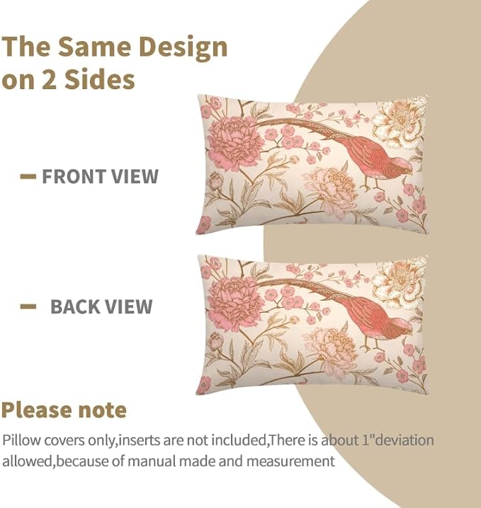 Flowers Birds Lumbar Pillow Covers 12X20 Inch Set of 2 Pink White Roses Floral Leaf Decorative Pillow Cases Art Retro Gold Cotton Linen Cushion Case Vintage Home Decor for Sofa Couch Porch Outdoor
