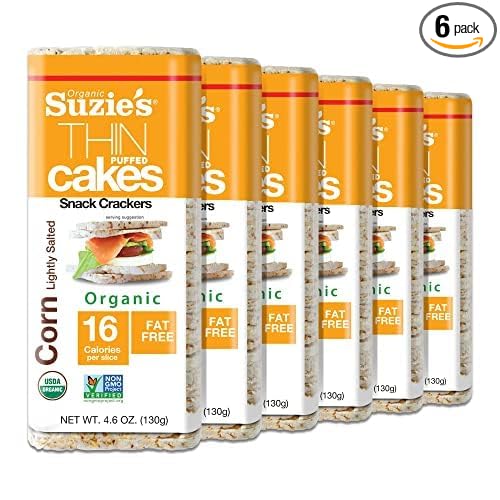 Suzie's Organic Lightly Salted Corn Cake Thins|6 Pack|USDA Organic, NON-GMO, Fat-Free, Sugar-Free, Gluten-Free|Low-Calorie Snack-17 Calories Per Slice|Bread & Cracker Replacement