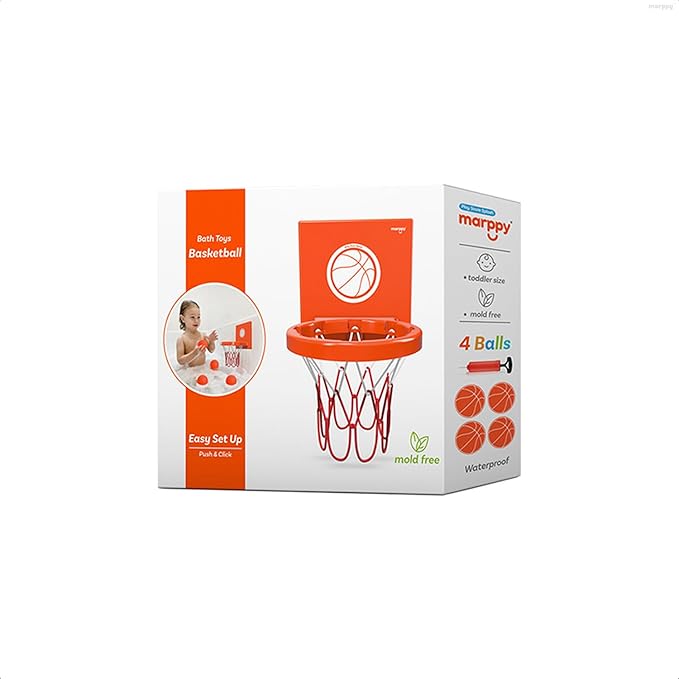 MARPPY Bath Toys - Bathtub Basketball Hoop for Kids, Toddlers - Suction Cup Basketball Hoop and 4 Soft and No Hole Balls - Baby & Toddler Mini Basketball Hoop - Boys & Girls