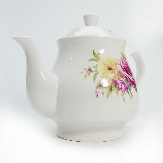 Porcelain Teapot, Ceramic White Teapot With Floral Coffee Tea Water Pot Vintage Ceramic Kettle (28oz)