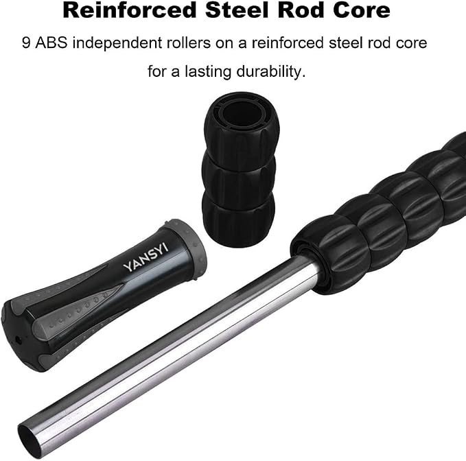 YANSYI Professional 9-Roller Deep Tissue Massage Stick - Portable Muscle Recovery Roller for Athletes, Relieves Post-Workout Soreness & Leg/Back Pain - Portable Physio Tool (Gray)